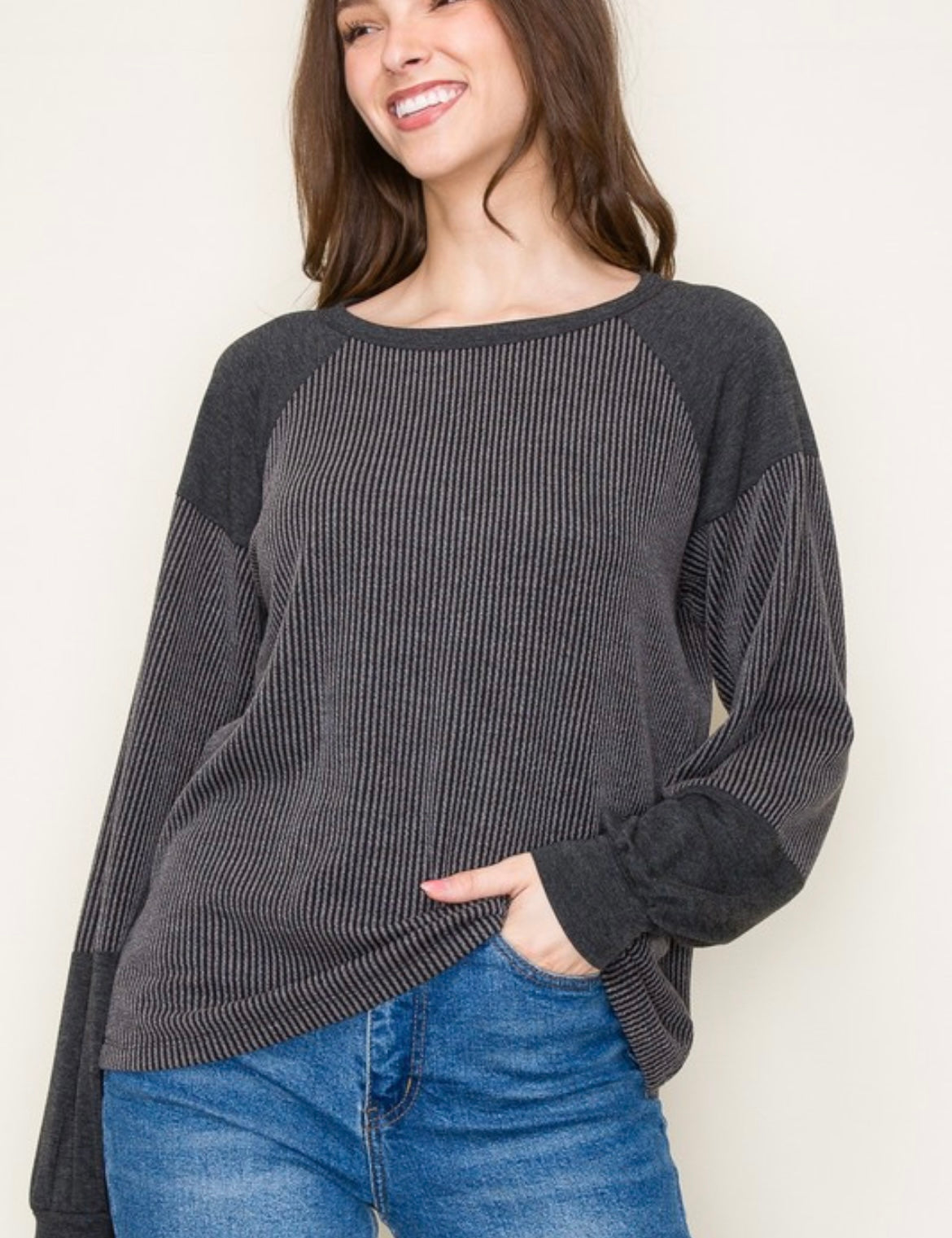 Ribbed Colorblock Top — Charcoal