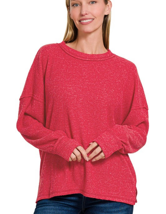 Ribbed Drop Shoulder Sweater — Red