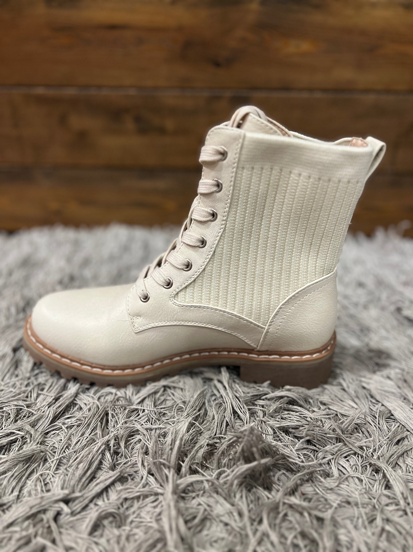 Cream Lace Up Combat Boot