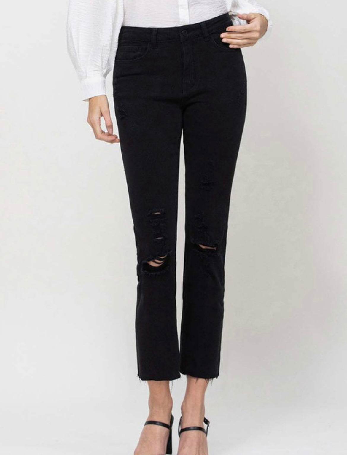 Jet Black Distressed Cropped Jeans