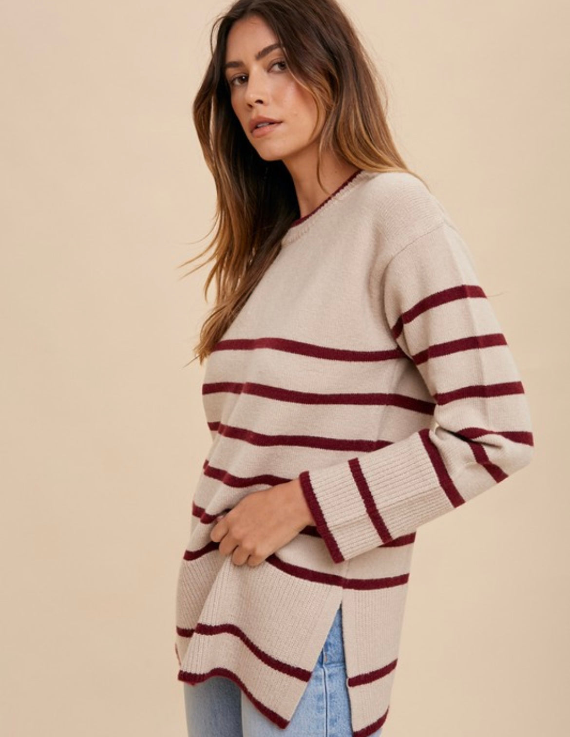 Stripe Sweater Top — Oatmeal/Burgundy