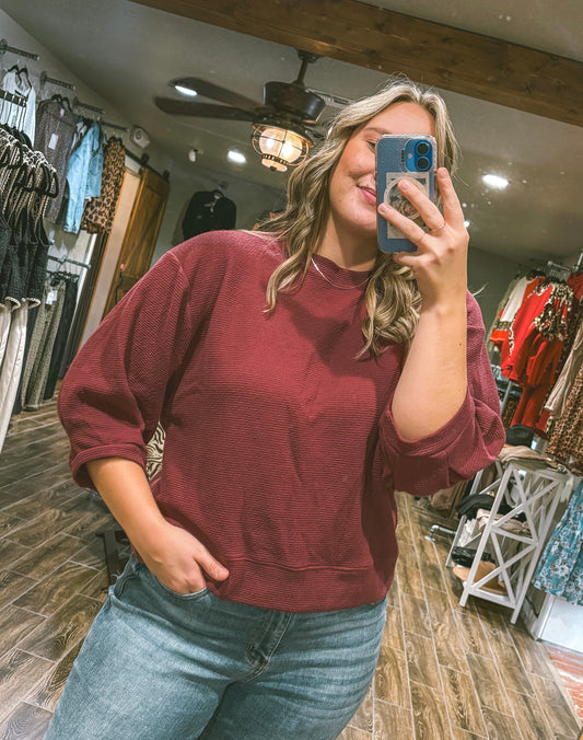 Half Sleeve Knit Top - Burgundy