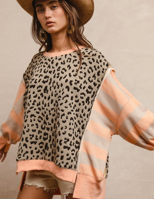 Leopard/Stripe Sweatshirt — Peach