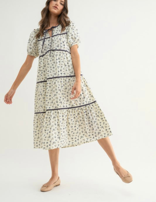 Cream/Blue Floral Midi Dress