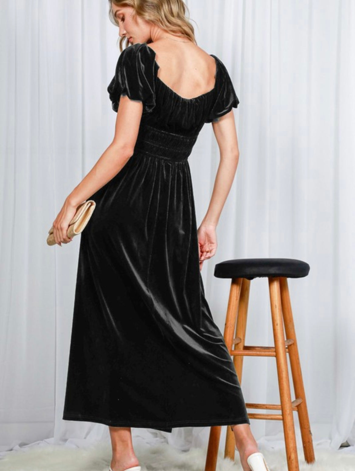 Smocked Velvet Puff Sleeve Maxi Dress