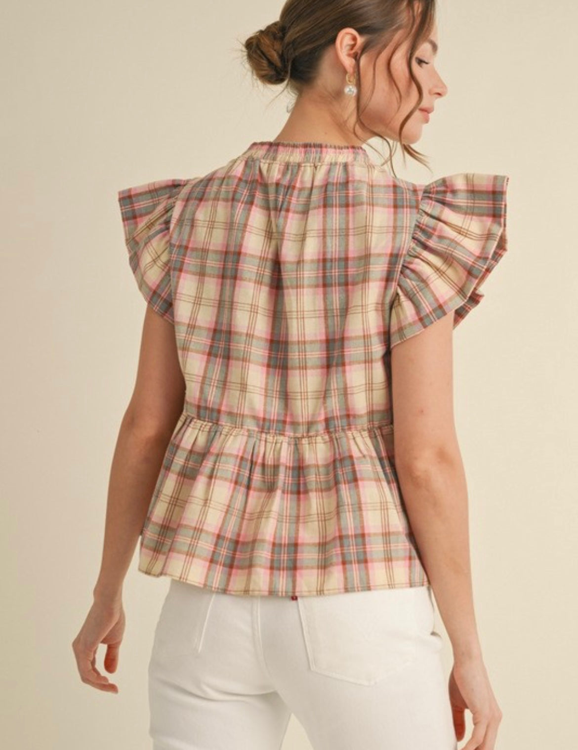 Multicolor Plaid Flutter Sleeve Top