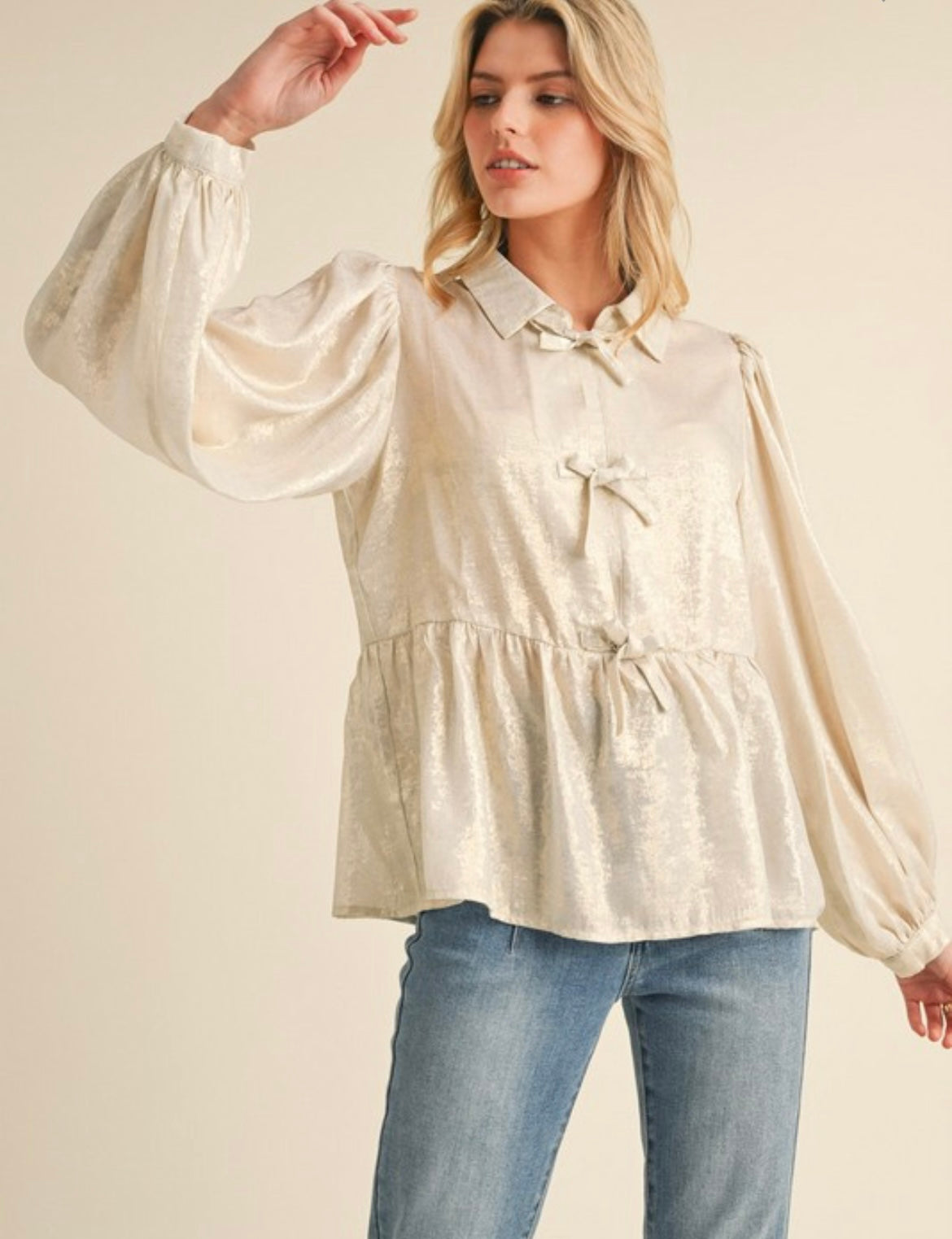 Metallic Pearl Bow Blouse