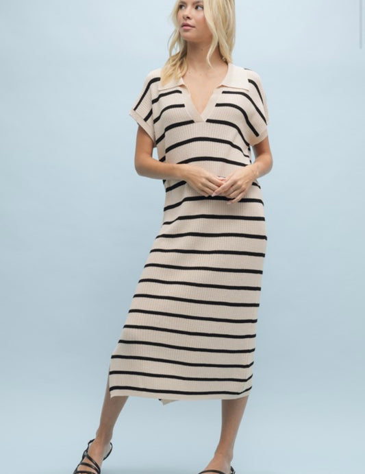 Striped Midi Dress — Taupe/Black