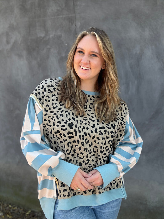 Leopard/Stripe Sweatshirt — Blue
