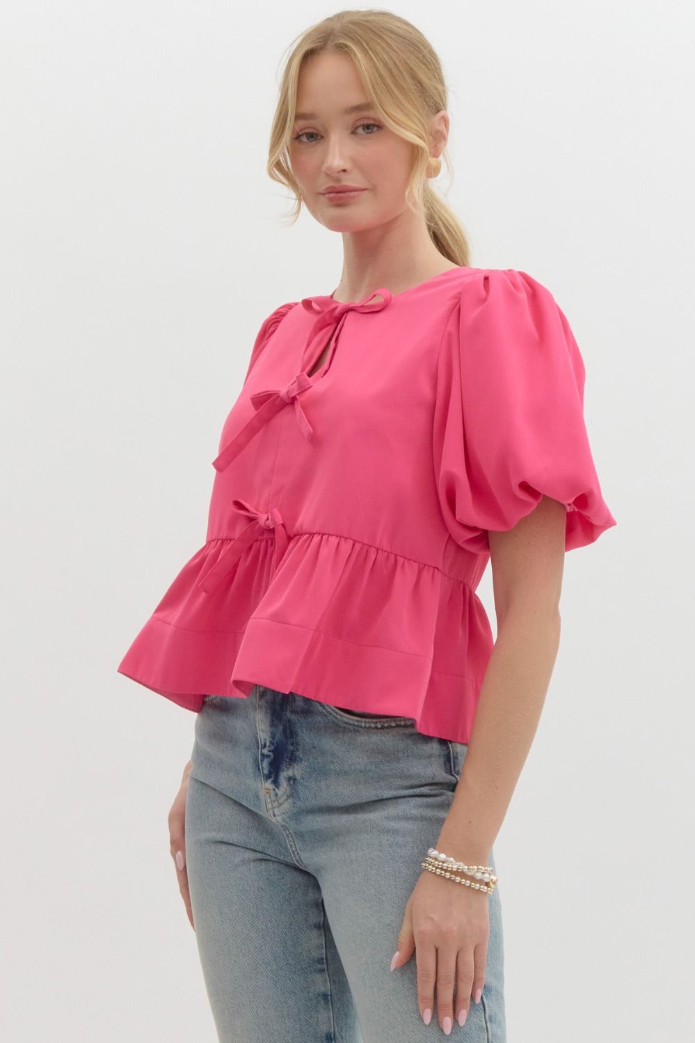 Pink Puff Sleeve Peplum Top