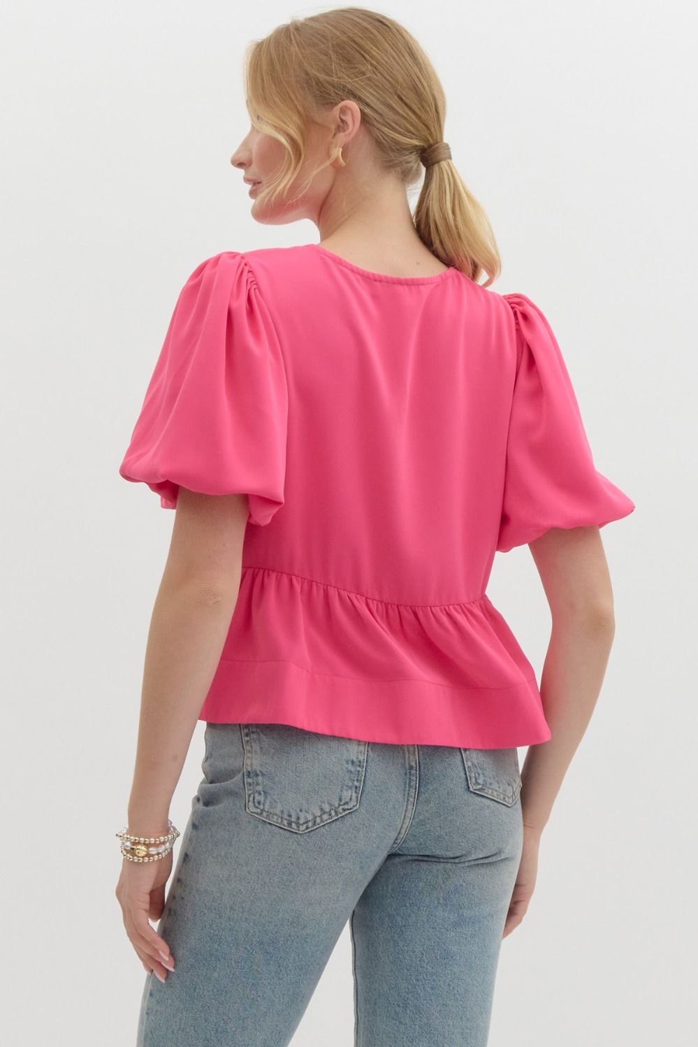 Pink Puff Sleeve Peplum Top