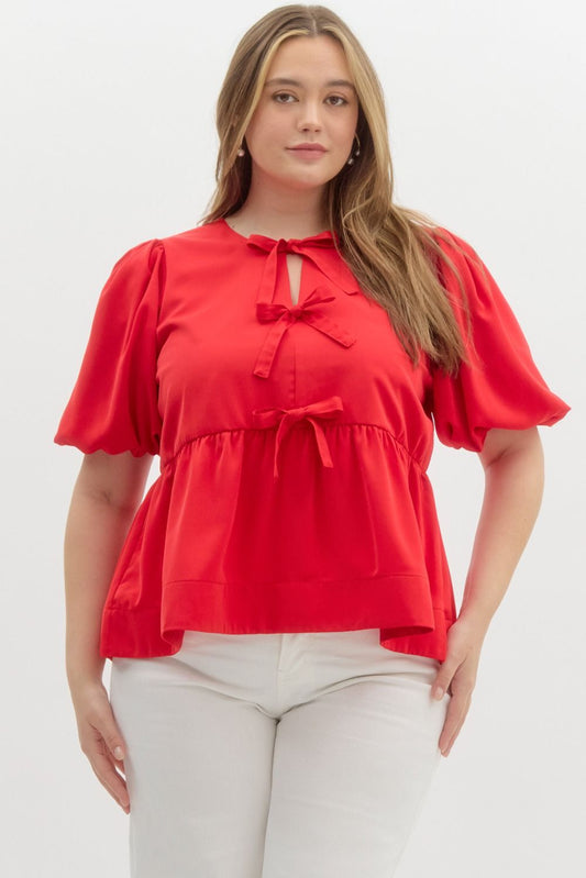 Red Puff Sleeve Peplum Top