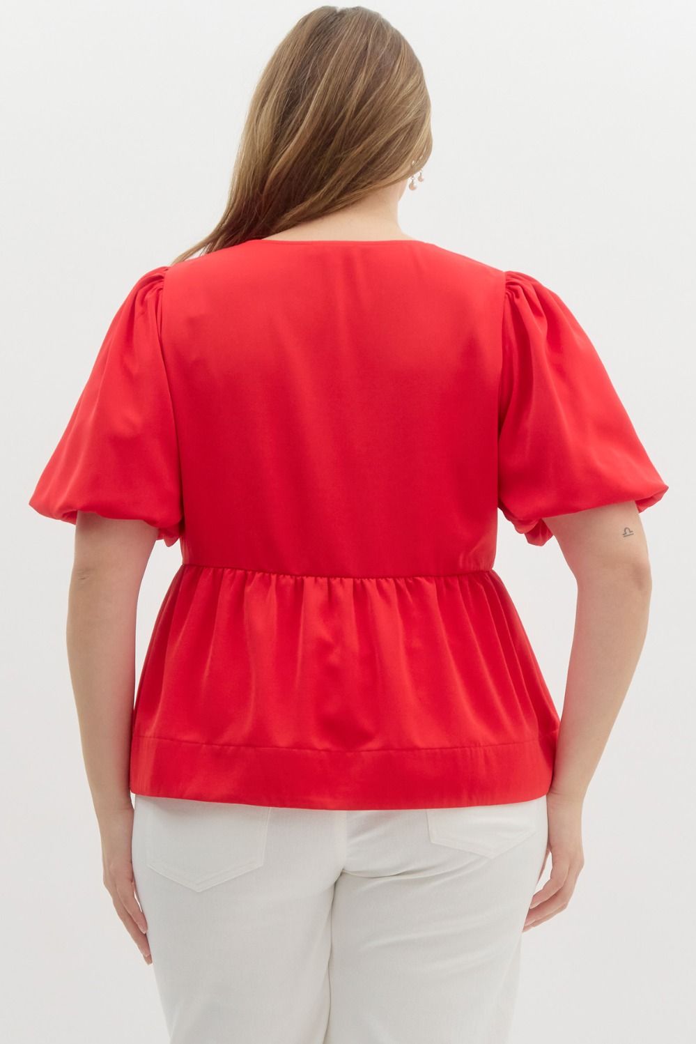 Red Puff Sleeve Peplum Top