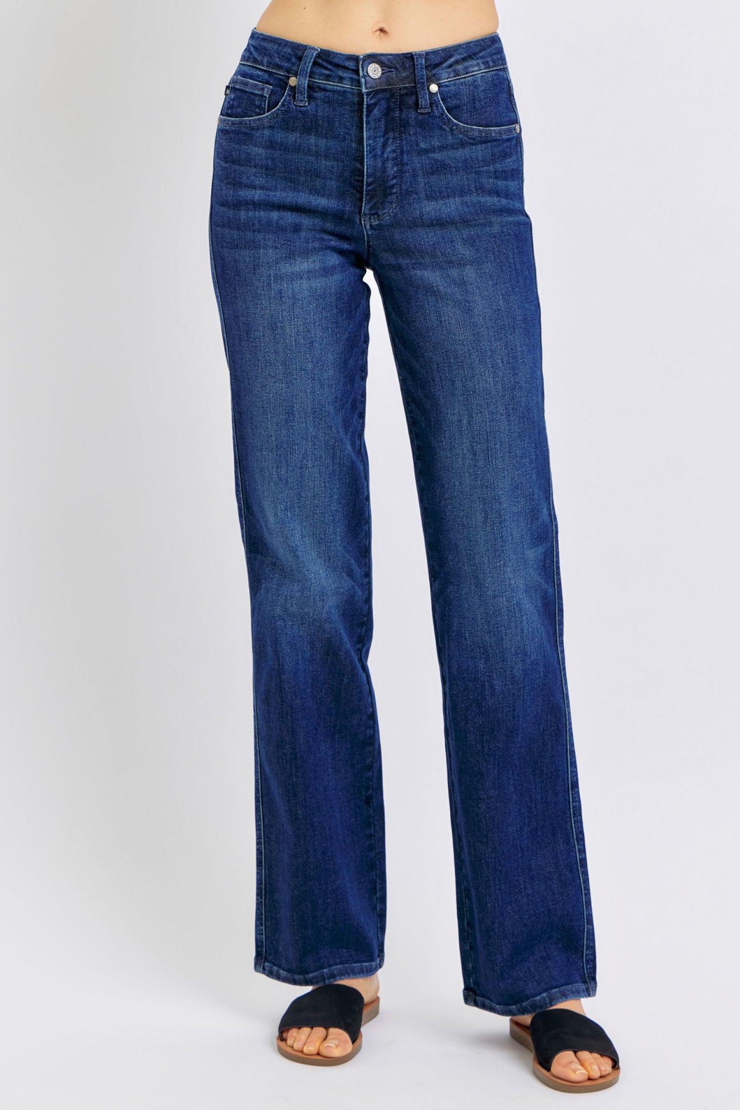 Mid Rise Tummy Control Straight Jeans — Dark