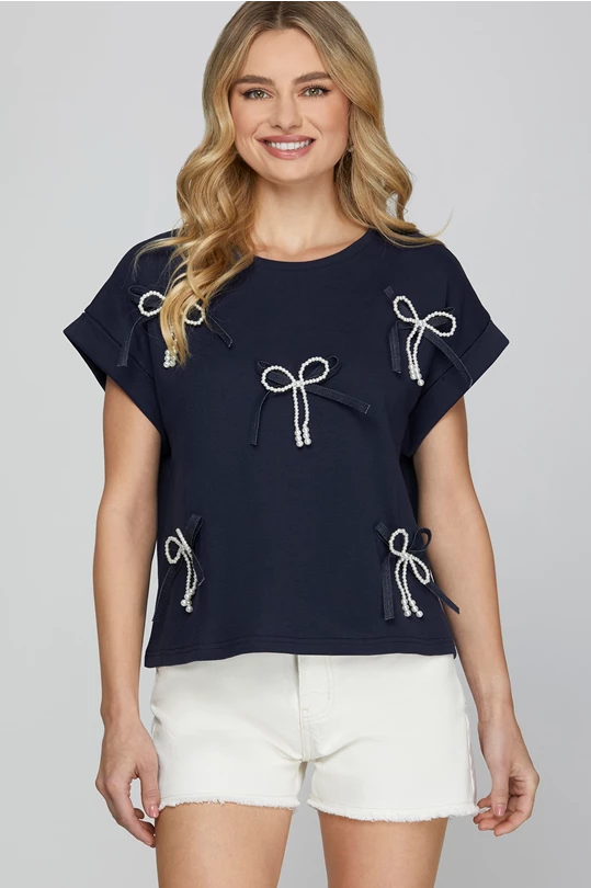 Navy Top with Pearl/Denim Bow Details