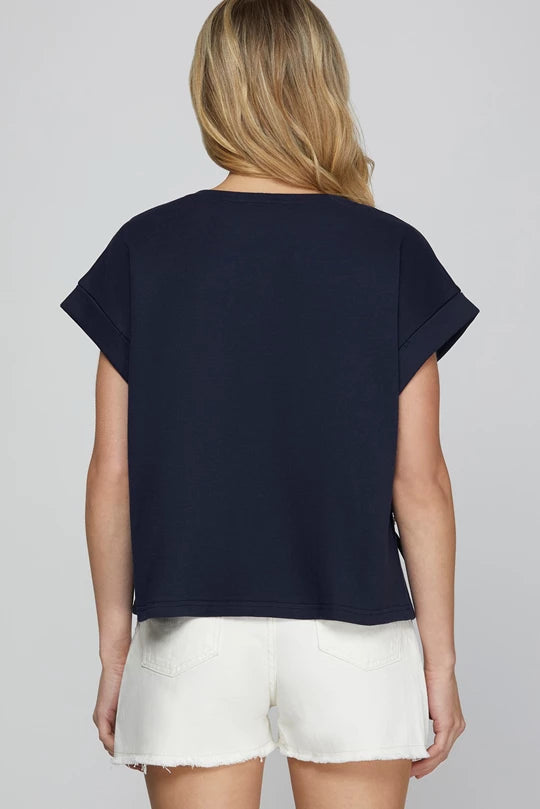 Navy Top with Pearl/Denim Bow Details