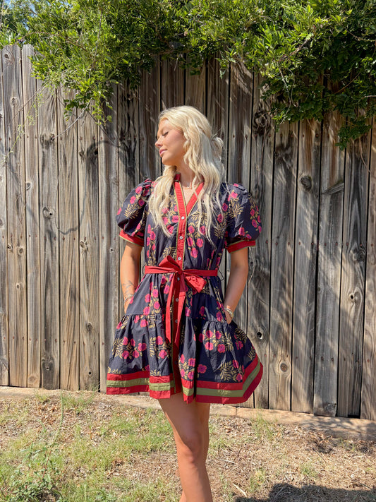 Floral Belt Dress - Black