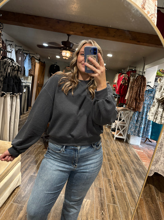 Round Neck L/S Top - Charcoal