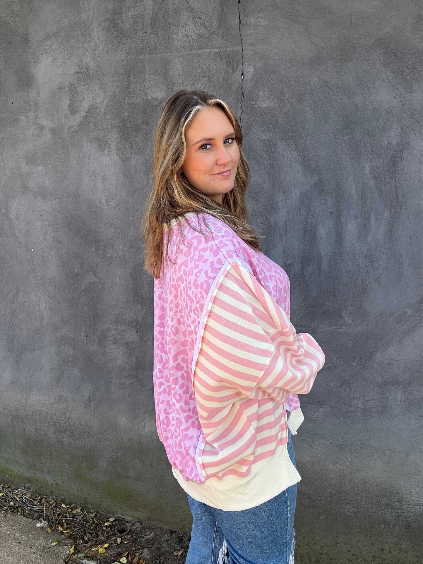 Leopard/Stripe Top — Blush Pink