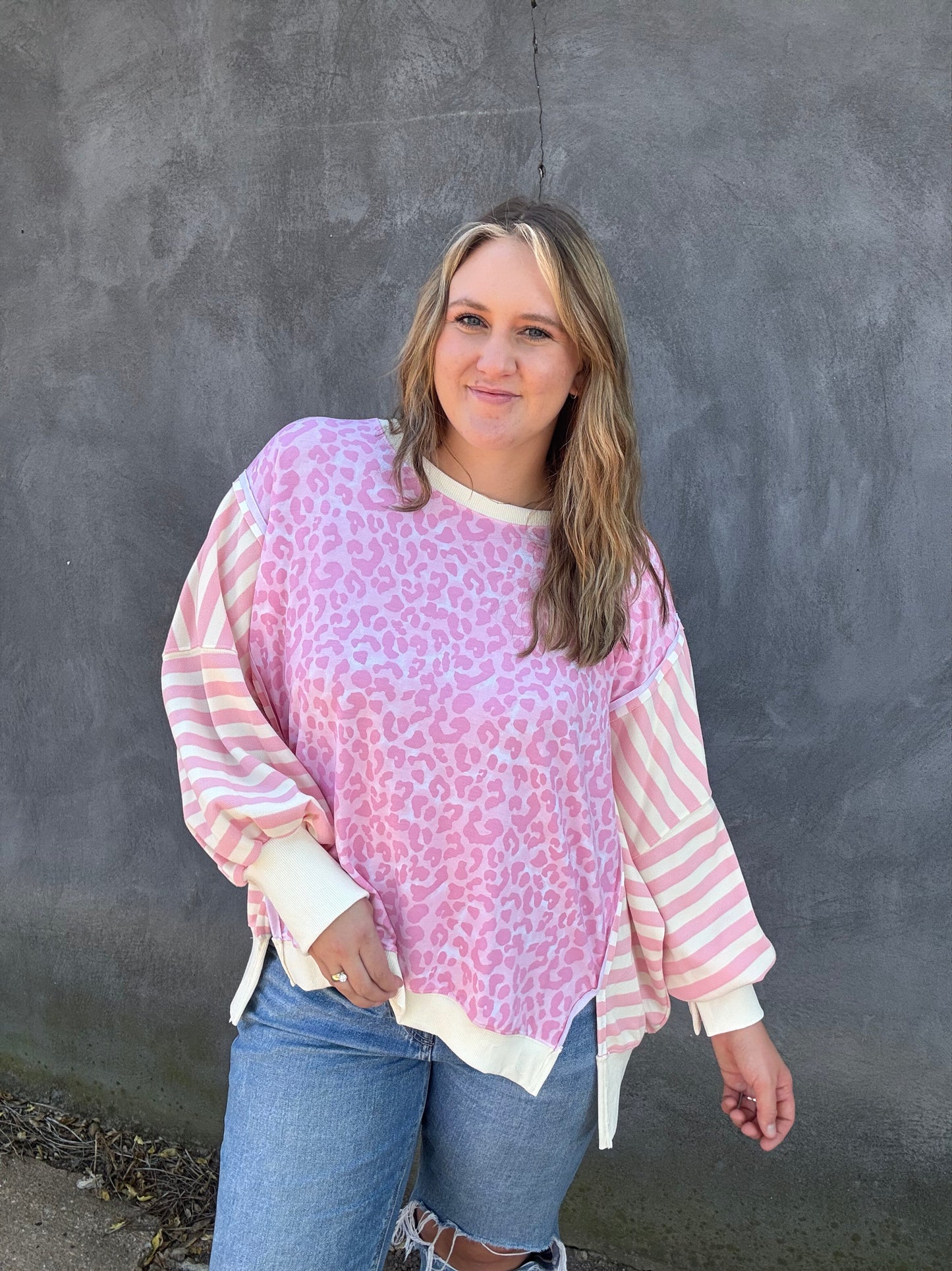 Leopard/Stripe Top — Blush Pink