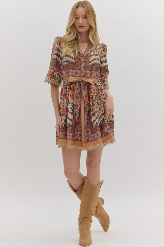 Belted Floral Collared Dress - Rust/Charcoal