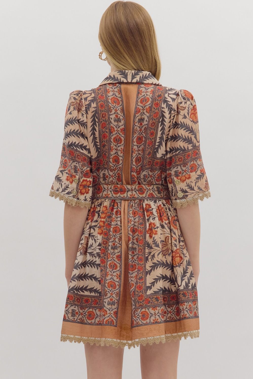Belted Floral Collared Dress - Rust/Charcoal