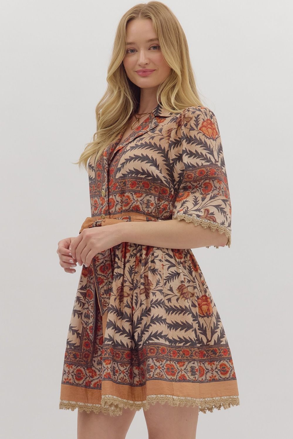 Belted Floral Collared Dress - Rust/Charcoal