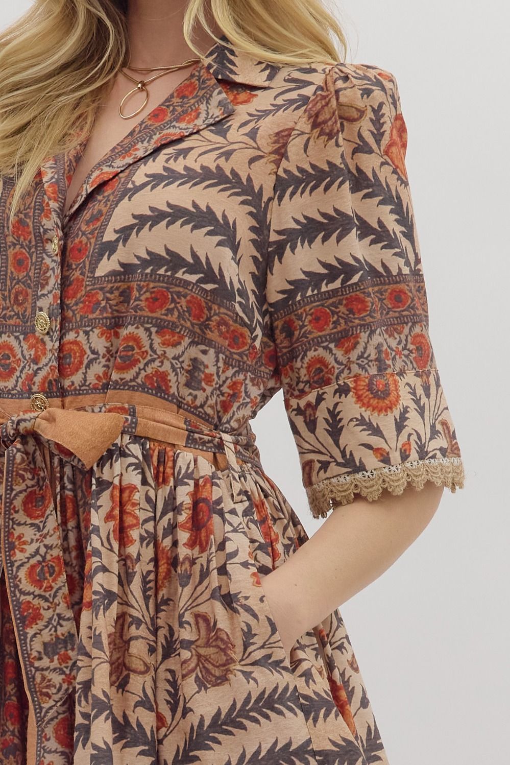 Belted Floral Collared Dress - Rust/Charcoal