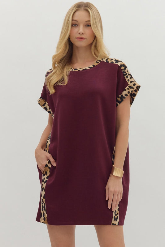 Mini Dress w Leopard Trim - Plum