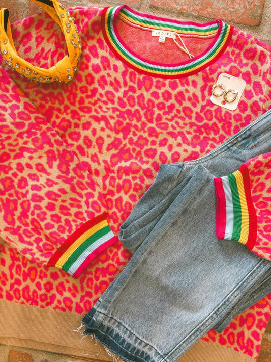 Leopard Top with Stripe Detail - Hot Pink