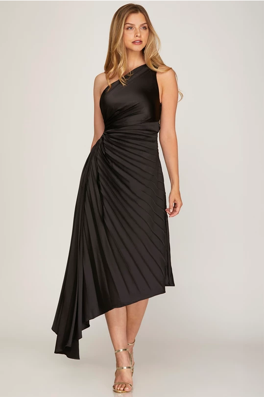 One Shoulder Pleated Asymmetrical Dress w/ Side Cut Out