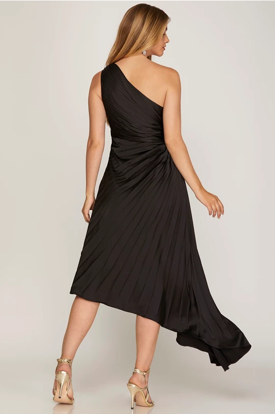 One Shoulder Pleated Asymmetrical Dress w/ Side Cut Out