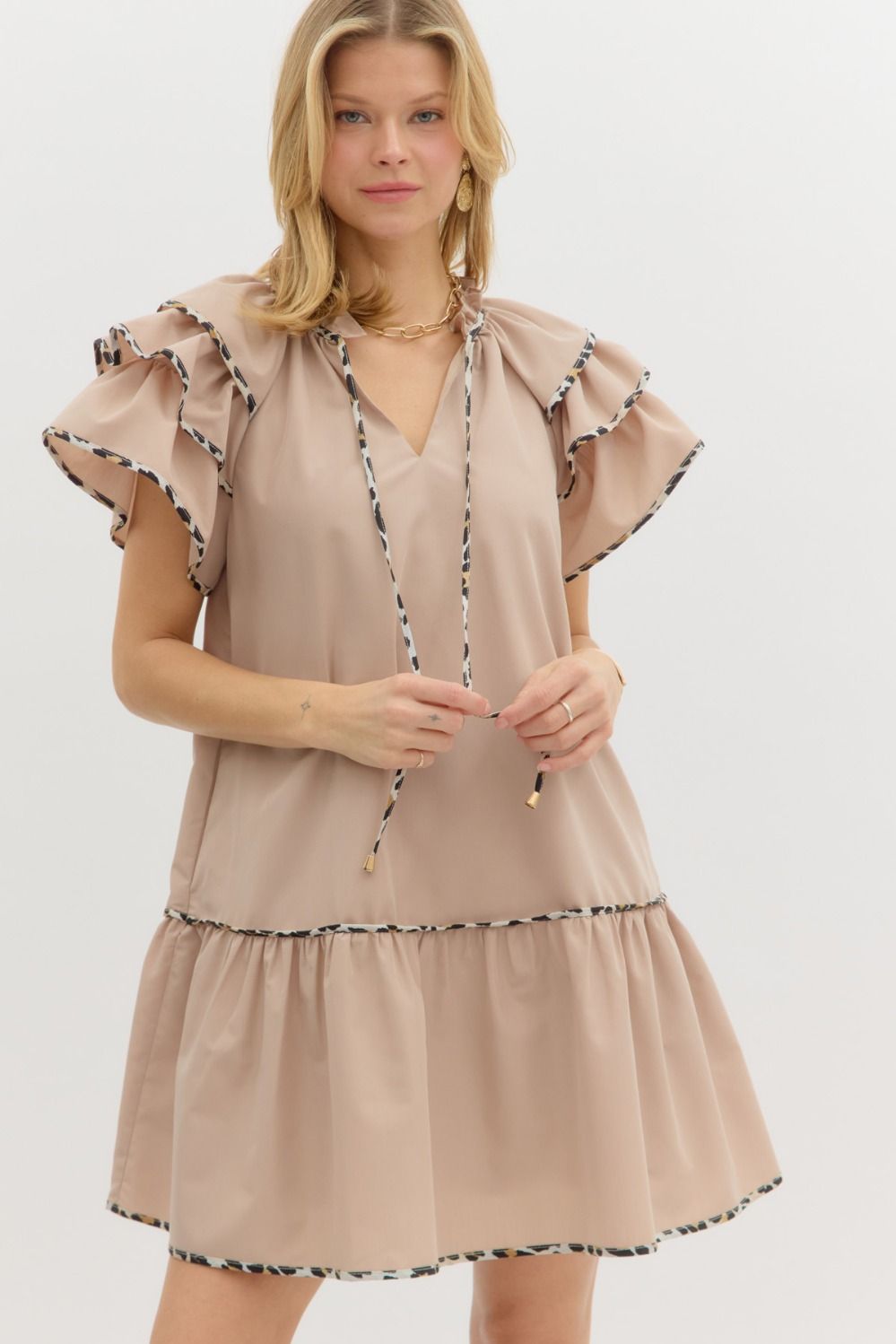 Leopard Detail Flutter Sleeve Dress