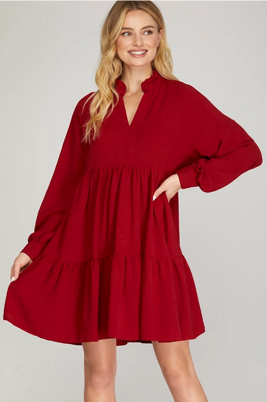 Long Sleeve Tiered Dress — Wine