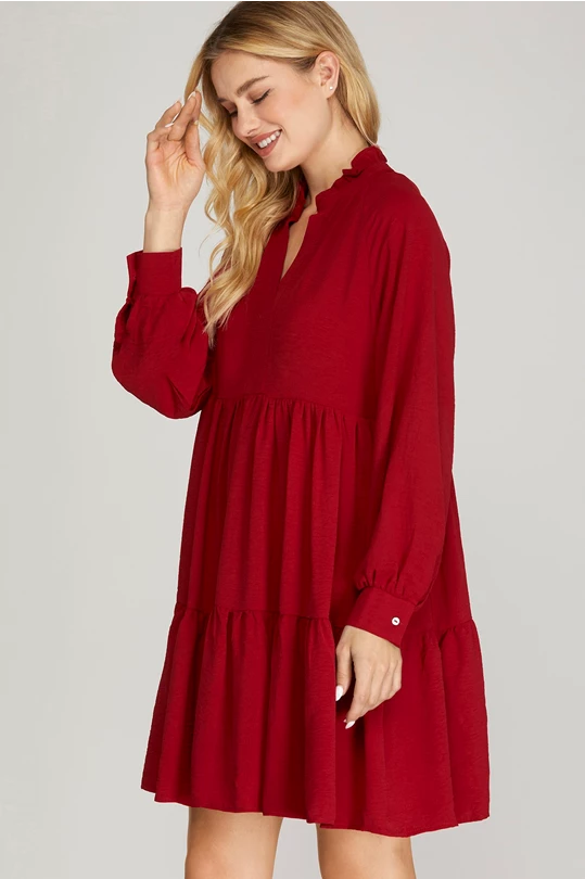 Long Sleeve Tiered Dress — Wine