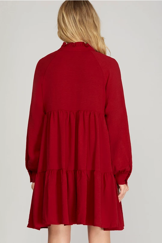 Long Sleeve Tiered Dress — Wine