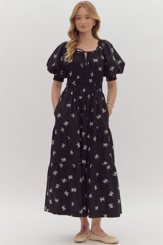 Bow Print Puff Sleeve Maxi Dress