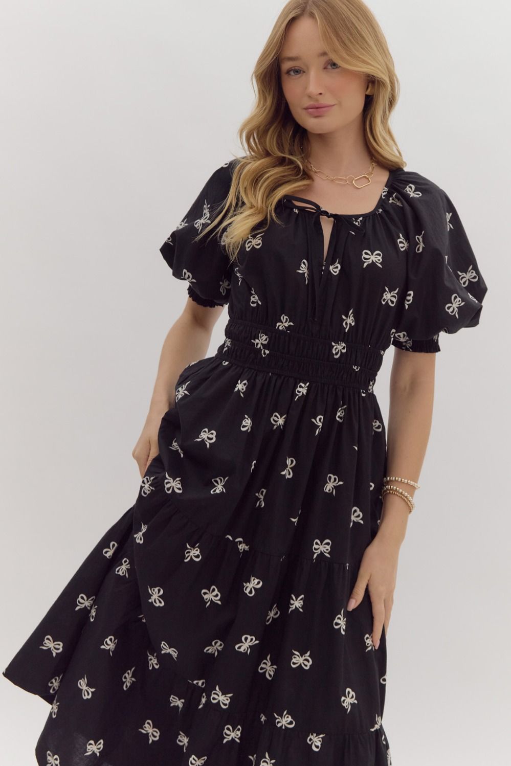 Bow Print Puff Sleeve Maxi Dress